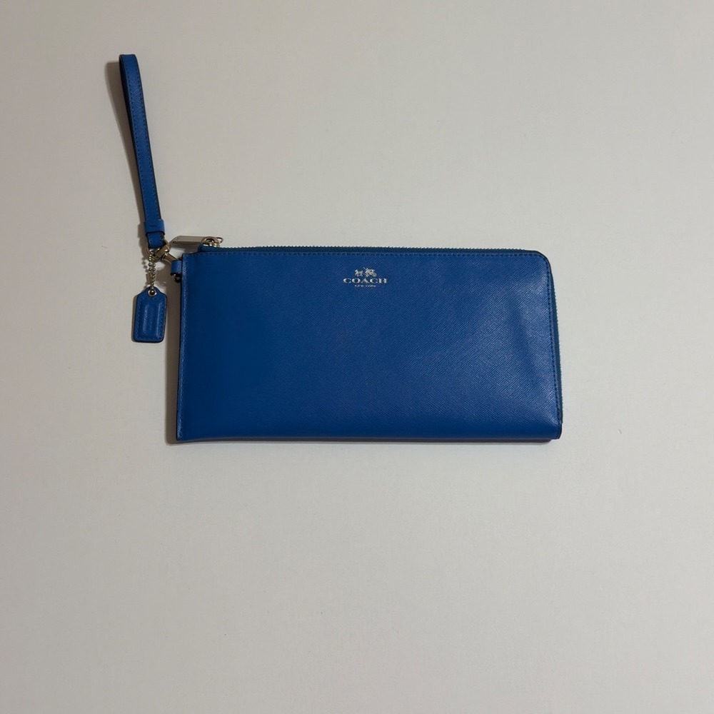 Coach Blue Saffiano Leather Wristlet Large Phone Wallet Silver Hardware